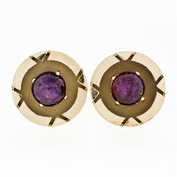 Vintage Men's 14K Gold Star Ruby Florentine Large Open Round Geometric Cufflinks
