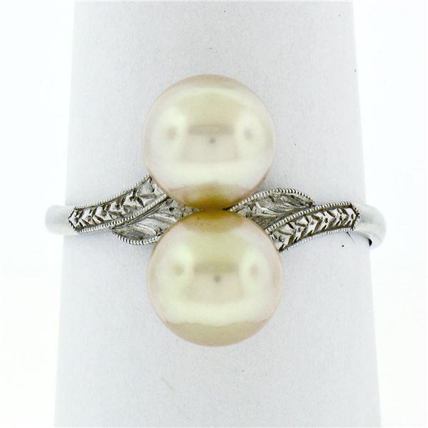 Antique Art Deco Platinum Mikimoto 7.5mm Dual Golden Pearl Engraved Bypass Ring