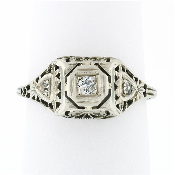 Antique Art Deco 18k Gold Old European & Single Cut Diamond Puffed Filigree Ring