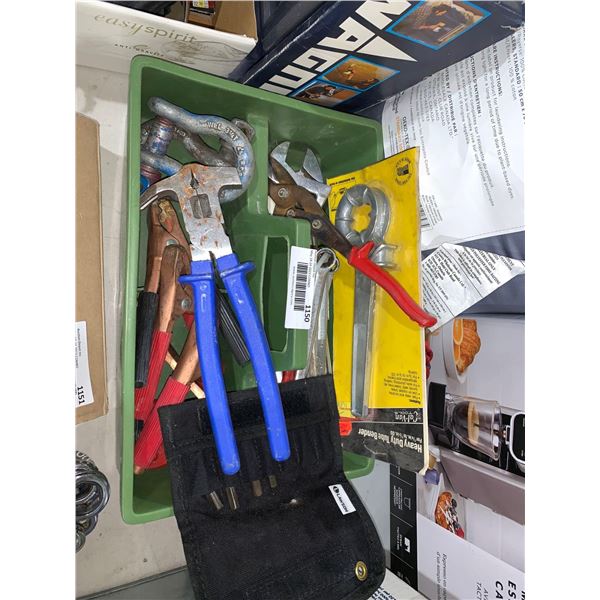 assorted hand tools, clevises, hooks and clamps