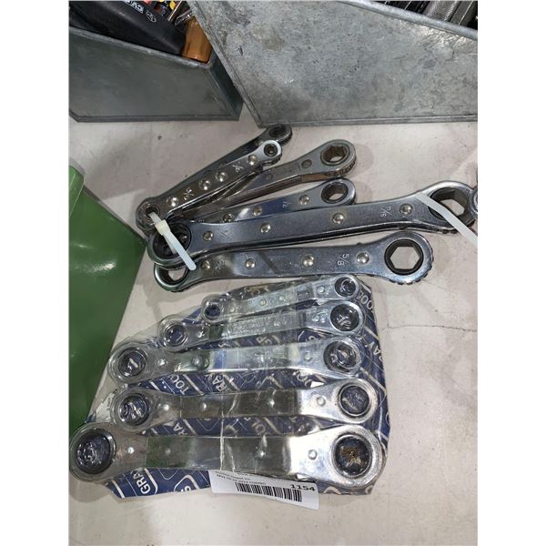 Gray ratcheting offset wrenches and set of S.A.E. regular ratcheting wrenches