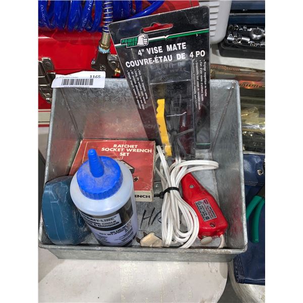 Lot of Ratchet Socket Wrench Set and 4" Vise Mate, Chalk Line and Chalk & Electric Pencil Engraver