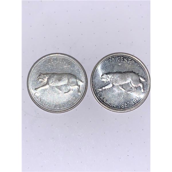 Lot of 2 - Canada Vintage 1867-1967 Lynx Silver Quarters