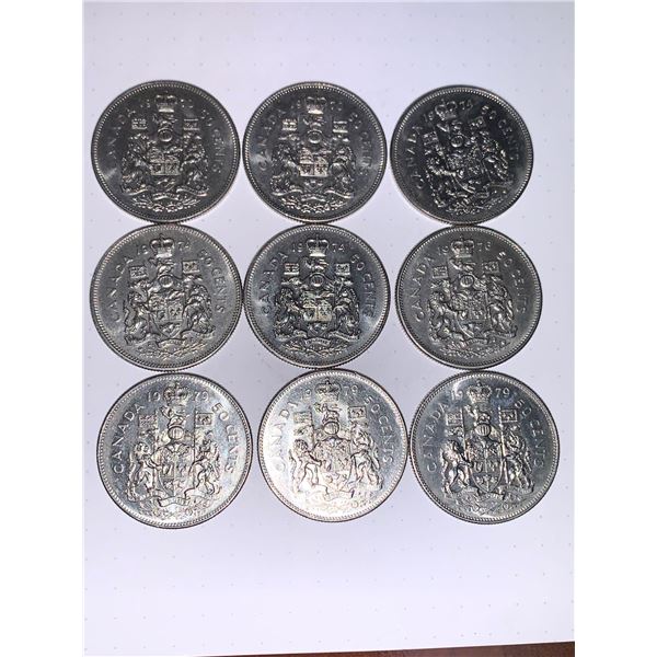 LOT of 9 - Canada Vintage 1970& #39;s Half Dollar Coins