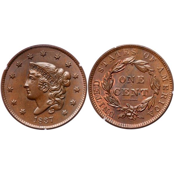 1837 N-5 R2 Plain Hair Cord, Small Letters PCGS graded MS65 Brown