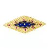 Image 1 : Vintage 18k Gold Round Ruby & Dark Blue Enamel Long Marquise Filigree Brooch Pin