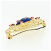 Image 6 : Vintage 18k Gold Round Ruby & Dark Blue Enamel Long Marquise Filigree Brooch Pin