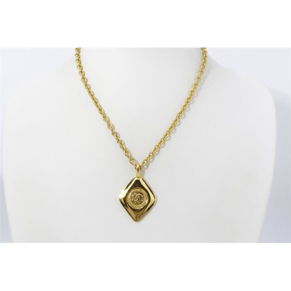 Chanel Gold-tone Metal CC Diamond Shape Charm Logo Short Necklace