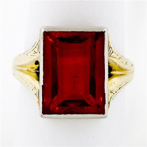 Men's Antique 14K TT Gold Rectangular Red Stone Hand Engraved Solitaire Ring