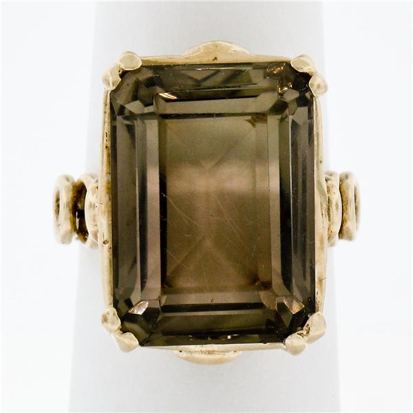 Vintage Handmade 14k Yellow Gold Smoky Emerald Step Cut Quartz Solitaire Ring