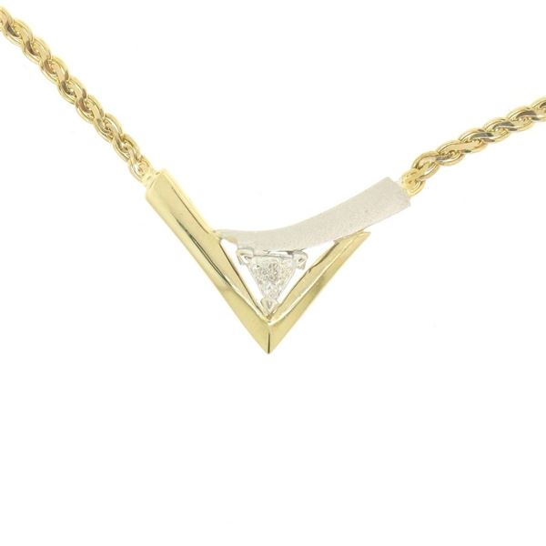 Modern 14k Two Tone Gold .30 ctw Trillion Diamond Solitaire "V" Necklace 17" Cha