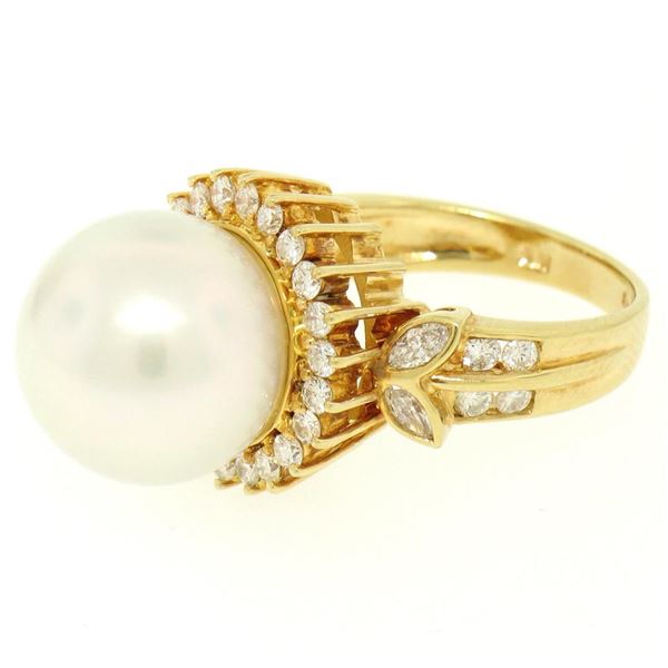 18K Yellow Gold LARGE 13.3mm South Sea Pearl Ring w/ Marquise & Round Diamonds