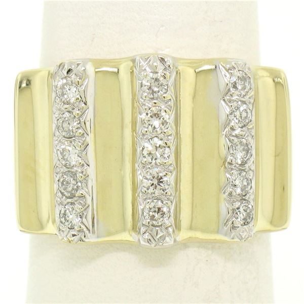 Italian 14K Solid Yellow Gold.35 ctw G VS Diamond Vertical Grooved Wide Band Rin