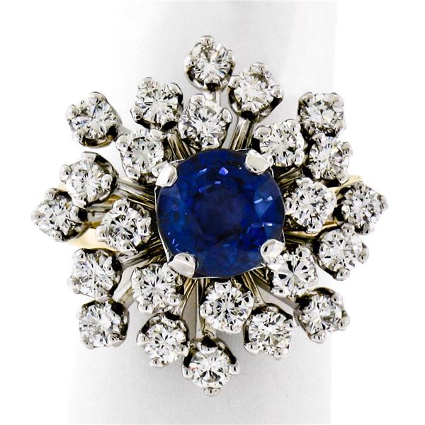 Vintage 14K TT Gold 3.26 ctw Round Sapphire Diamond Tiered Snowflake Cluster Rin