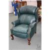 Image 1 : Green leather upholstered Chippendale style wingback recliner with nail head decoration and carved b