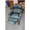 Image 2 : Green leather upholstered Chippendale style wingback recliner with nail head decoration and carved b