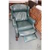 Image 2 : Green leather upholstered Chippendale style wing back recliner with nail head decoration and carved 