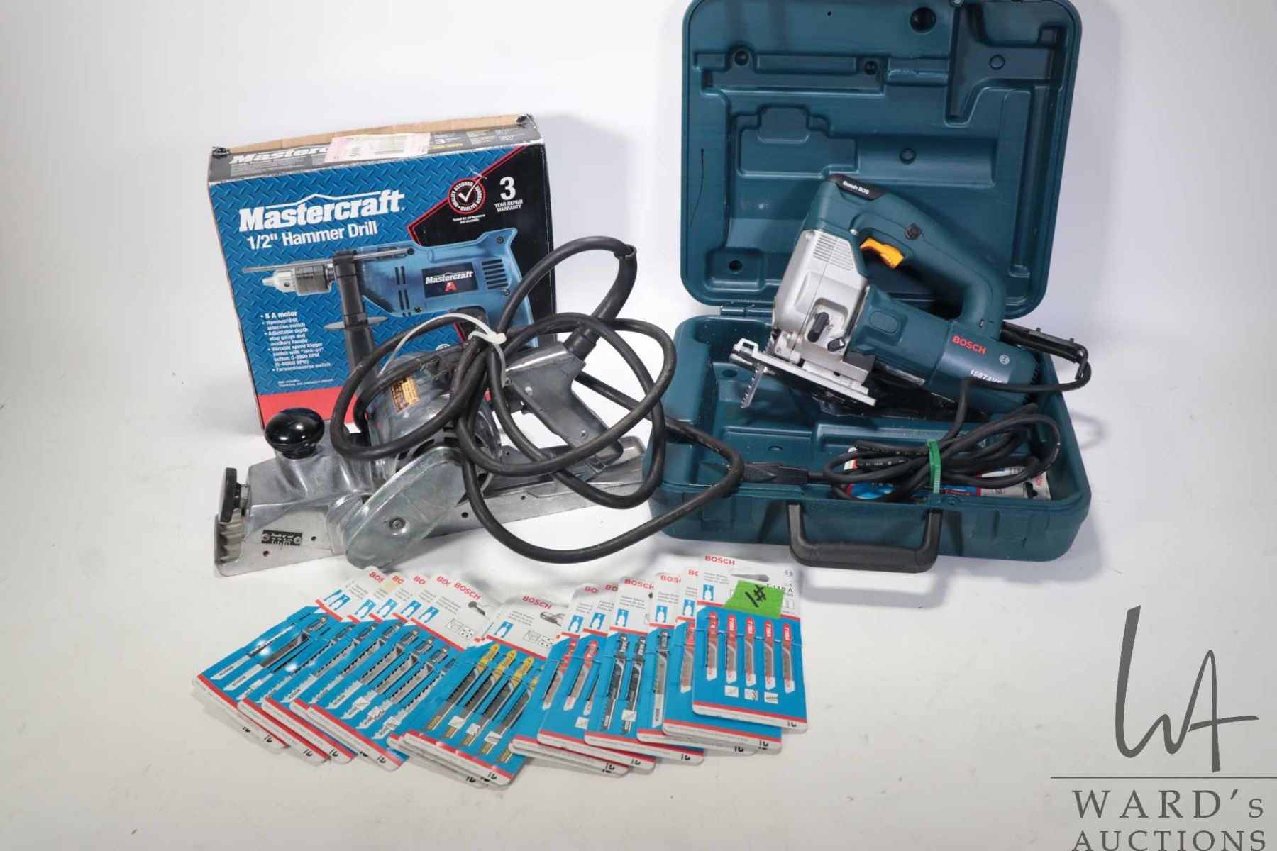 Three power tools including Bosch 1587 AVS jigsaw, PET electric planer ...