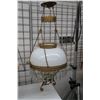 Image 1 : Vintage hanging oil lamp with hand painted font, milk glass shade and decorative hanging lustres. No