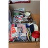 Image 1 : Two boxes of sewing supplies and petit point embroidery kits, plus Velcro, rolls of belting, sewing 