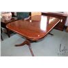 Image 1 : Semi contemporary regency style double pedestal dining table with brass cap feet. Measures 44" x 67"