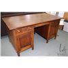 Image 1 : Antique 1/4 cut oak double pedestal office desk with drawer inside cupboards and decorative panels. 