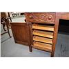 Image 2 : Antique 1/4 cut oak double pedestal office desk with drawer inside cupboards and decorative panels. 