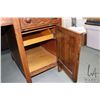 Image 3 : Antique 1/4 cut oak double pedestal office desk with drawer inside cupboards and decorative panels. 
