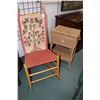 Image 1 : Modern maple rocker with fabric woven seat and needlework throw. Plus a rattan style lift lid sewing