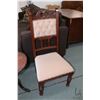 Image 1 : Antique side chair with decorative show wood and button tufted back.