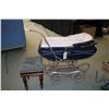 Image 1 : Gendrone convertible baby carriage with ski attachment and an antique foot stool.