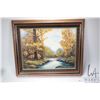 Image 1 : Framed oil on board painting of an autumnal creek scene, signed by artist J. McIntyre 57, 14" X 18"