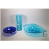 Image 1 : Three pieces of unmarked art glass including 14" vase, 18" long blue dish and a cobalt blue dish wit