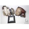 Image 1 : Four clay wall masks including porcelain raku and a framed cast paper sculpture by artist Rod Peters
