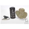 Image 1 : Two hand carved Inuit soapstones including green soapstone owl 5 1/2" in height, number E-7877 ( Jos