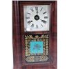 Image 2 : Antique wood cased clock with chiming movement, original litho glass panel, original label, missing 