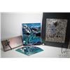 Image 1 : Four pieces of wall art including glazed tile features a mountain and lake scene, framed abstract ti