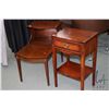 Image 1 : Two semi-contemporary mahogany tables including step table with inlaid satin banding and lions head 