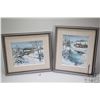 Image 1 : Two framed acrylic on board paintings including winter scene with bridge 9 1/2" X 8" and winter scen