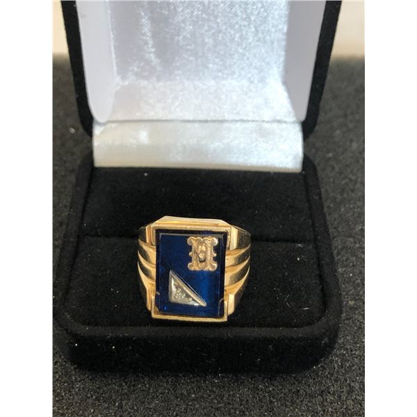14K MENS SIGNATE RING  WITH BLUE STONE AND DIAMOND 10.3G