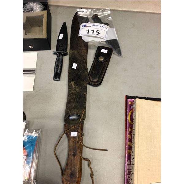 MACHETE, BUCK FOLDING KNIFE WITH CASE, GERMAN KNIFE WITH LEATHER SHEATH, GERBER KNIFE AND SHEATH,