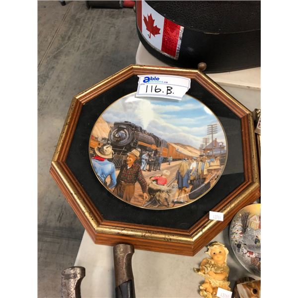 LOT OF ASSORTED COLLECTIBLES INCLUDING FRAMED ANTIQUE PETER SAWATZKY PAINTED PLATE, SOUVENIR