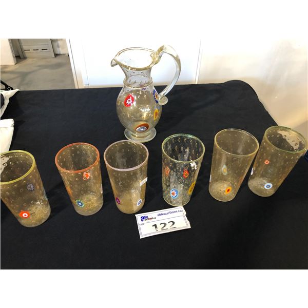 6 MURANO GLASS MADE IN ITALY DRINKING GLASSES WITH MATCHING PITCHER