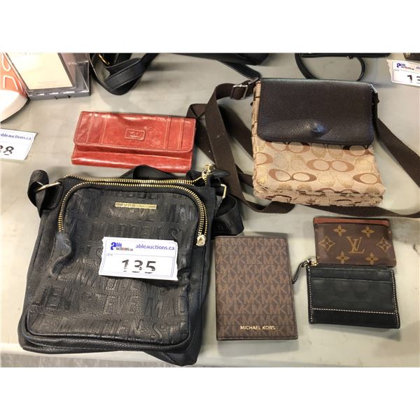 6 BAGS/ WALLETS MARKED STEVE MADDEN, COACH, MICHAEL KORS, LOUIS VUITTON AND MORE