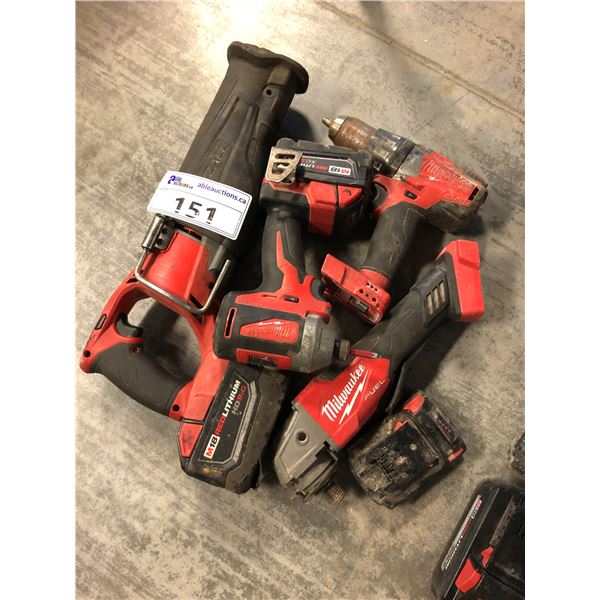 LOT OF ASSORTED CORDLESS MILWAUKEE POWER TOOLS INCLUDING IMPACT, DRILL, ANGLE GRINDER. SAWZALL AND