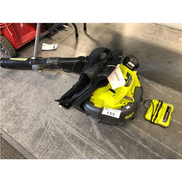 RYOBI 40V CORDLESS BACK MOUNTED LEAF BLOWER WITH BATTERY AND CHARGER