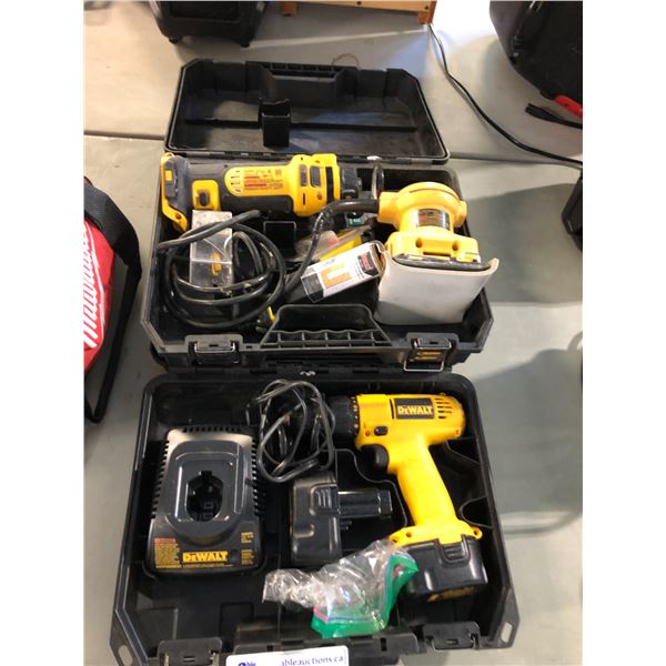 LOT OF ASSORTED DEWALT POWER TOOLS INLCUDING ELECTRIC PALM SANDER, CORDLESS CUT-OUT TOOL, CORDLESS