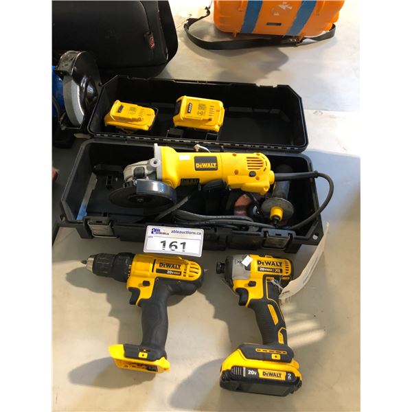 LOT OF ASSORTED DEWALT POWER TOOLS INCLUDING ELECTRIC ANGLE GRINDER, CORDLESS IMPACT DRIVER,