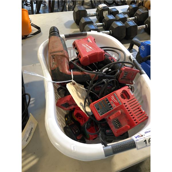 BIN OF ASSORTED POWER TOOLS INCLUDING MILWAUKEE CORDLESS DRILL, HACKZALL, OSCILLATING MULTI-TOOL, 2