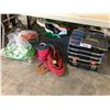 Image 1 : LOT OF ASSORTED EXTENSION CORDS, ELECTRICAL CABLE, ASSORTED HARDWARE AND HARDWARE ORGANIZERS